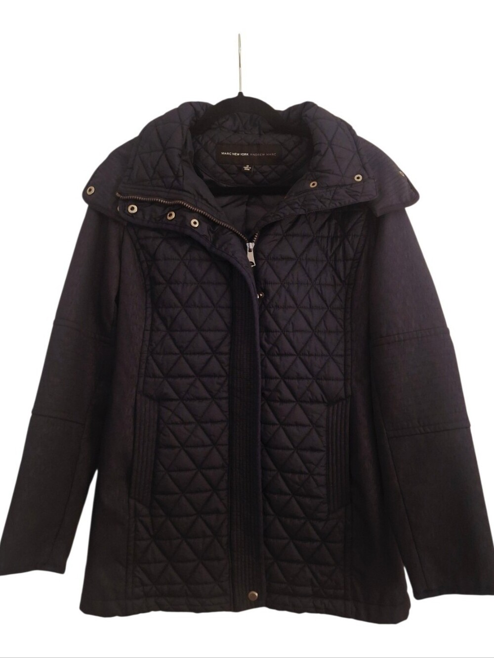 Marc New York by Andrew Marc Womens Quilted Hooded Jacket (Medium, Navy Blue)